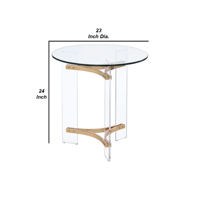 Hale 23 Inch Round End Table, Glass Top, Acrylic Legs, Clear, Gold-Benzara