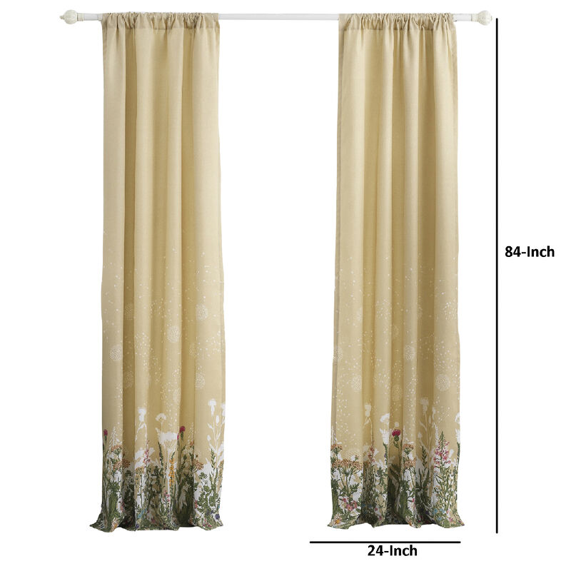 84 Inch Window Curtains, Beige Microfiber Fabric, Wildflower Print Design - Benzara