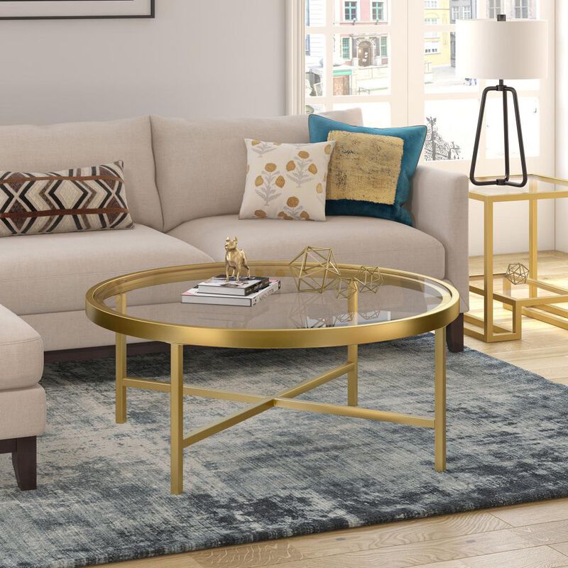 HomeRoots 36 Gold Glass And Steel Round Coffee Table