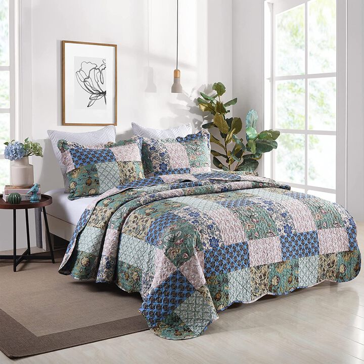 MarCielo 3 Piece Printed Quilt Bedspread Set Bedding Coverlet Set King Size B026