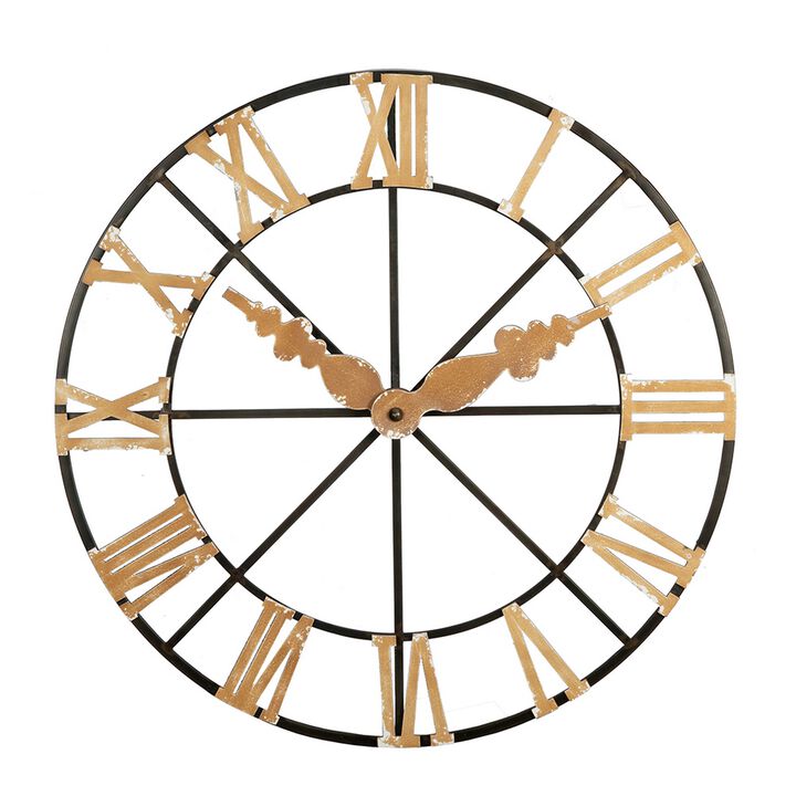 46 Inch Faux Clock Wall Decor, Round, Vintage Style, Gold, Black Finish - Benzara