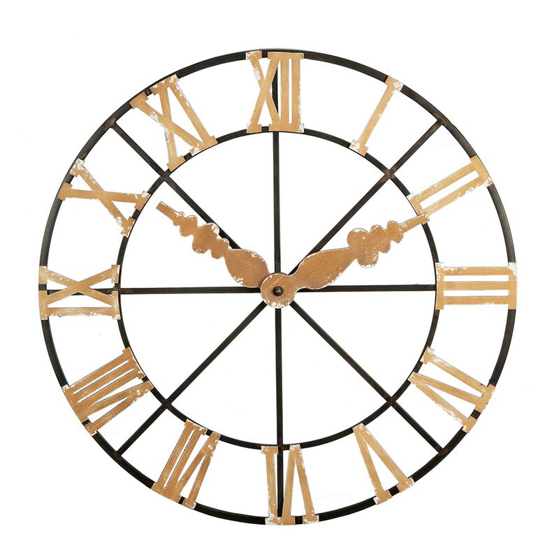 46 Inch Faux Clock Wall Decor, Round, Vintage Style, Gold, Black Finish - Benzara