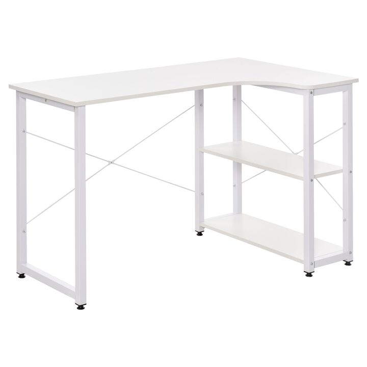 White Corner Workstation: L-Shaped Desk with Wide Top and Side Shelves