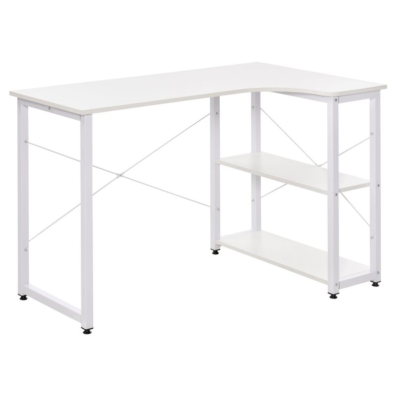 White Corner Workstation: L-Shaped Desk with Wide Top and Side Shelves