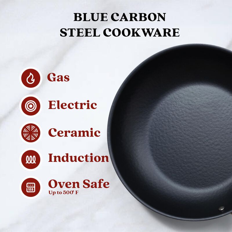 Alva Black Angus Carbon Steel Pan 11" Pre-Seasoned with Natural Mineral Oil, Non Toxic Hammered Carbon Steel Nonstick Frying Pan Skillet for Searing Steak Compatible w/ All Stovetops & Induction Safe