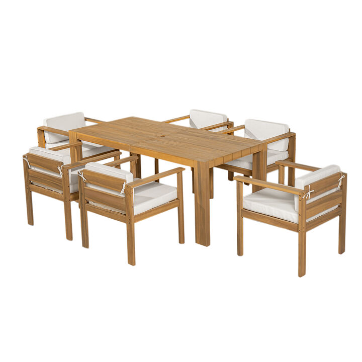 Whisen 7-Piece Outdoor Dining Set for 6 with Beige Fabric Cushions & 70.8" Rectangle Table - Light Teak