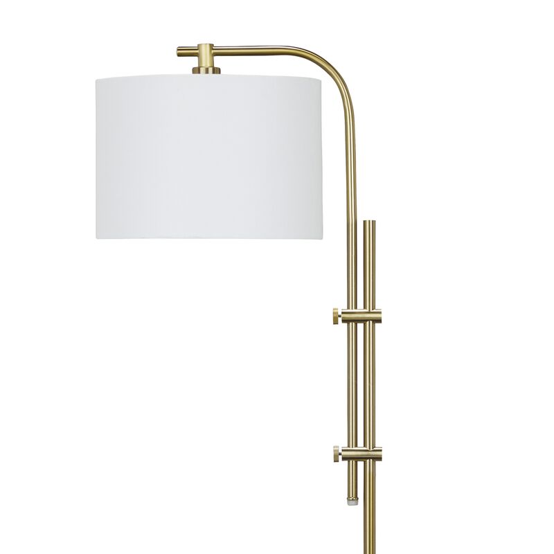 Rhys 60 Inch Floor Lamp, Adjustable Arm, White Drum Shade Round Brass Metal - Benzara