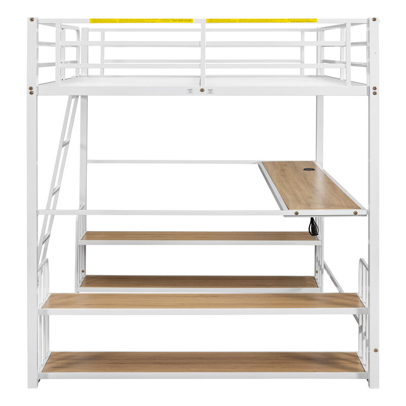 Merax Metal Loft Bed with Desk and Storage Shelves