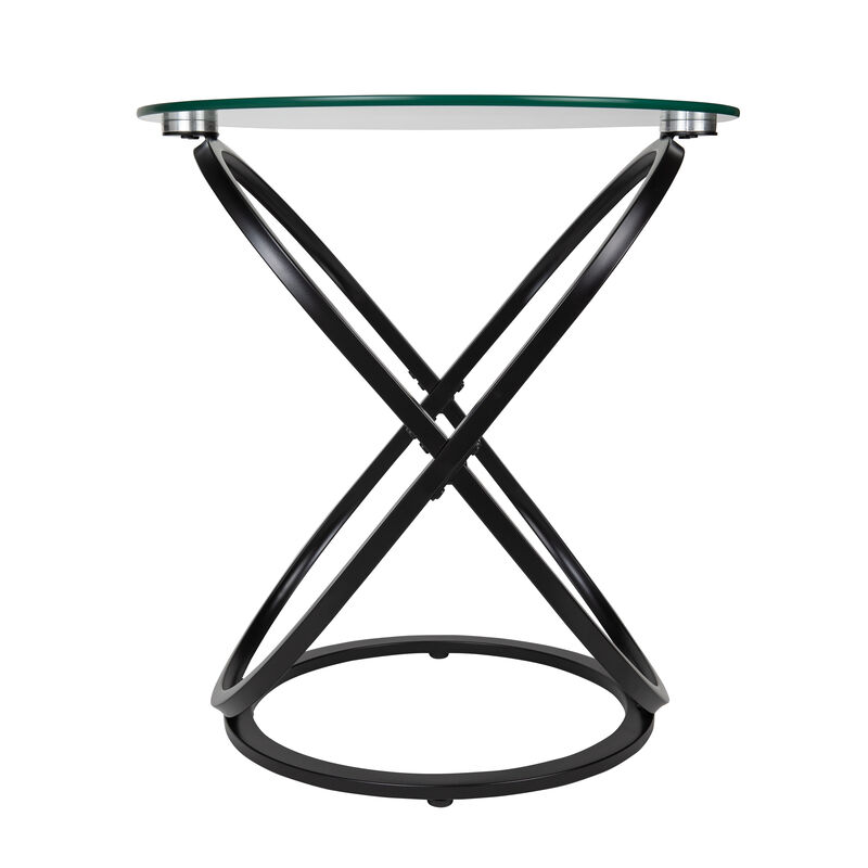 Galaxy Tempered Glass Round End Table with Cross Base Metal Frame