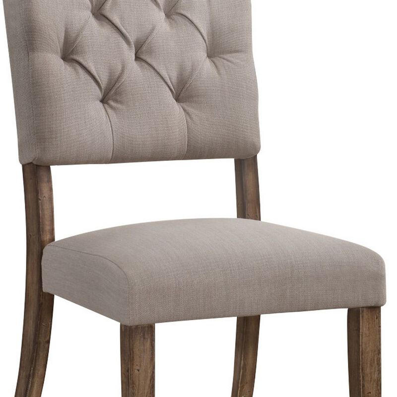 Dining Side Chair with Linen Tufted Back, Set of 2, Beige-Benzara