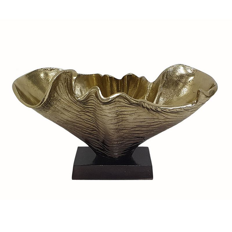 15 Inch Curved Shell Decorative Bowl, Aluminum, Square Base, Gold and Black - Benzara