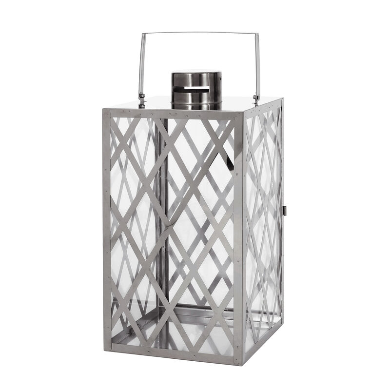 Dove 18 Inch Lantern, Lattice Silver Stainless Steel, Tempered Glass - Benzara