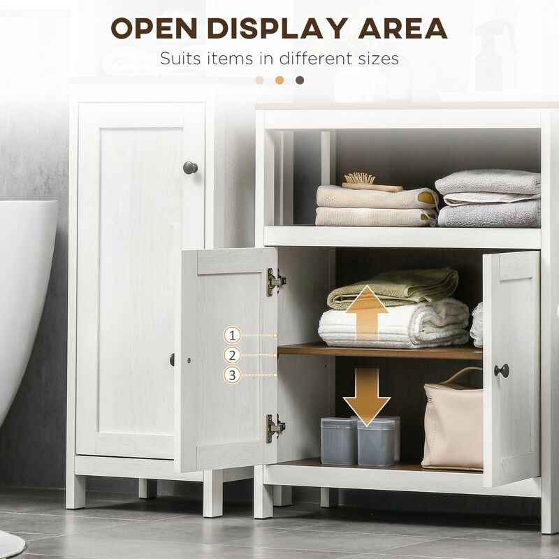 White/Walnut Bathroom Storage: Freestanding Cabinet with Open Shelf