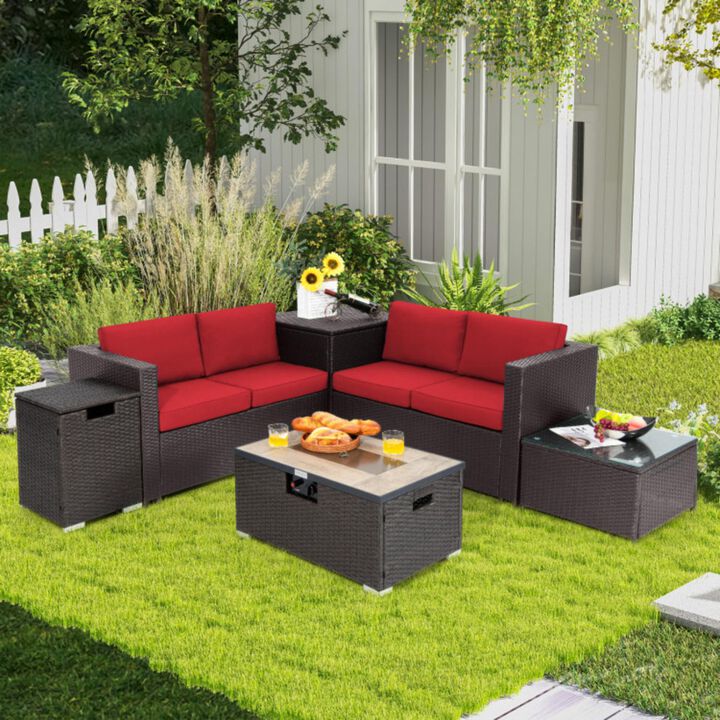 Hivvago 6 Pieces Outdoor Wicker Furniture Set with 32 Inch Propane Fire Pit Table