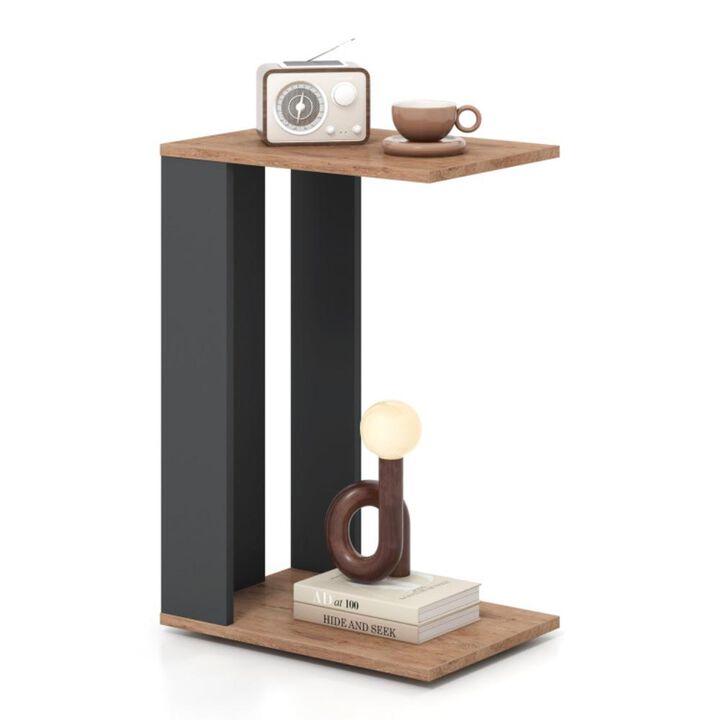 Hivvago 2-Tier C-Shaped Side Table with Universal Wheels and Shelf-Rustic Brown
