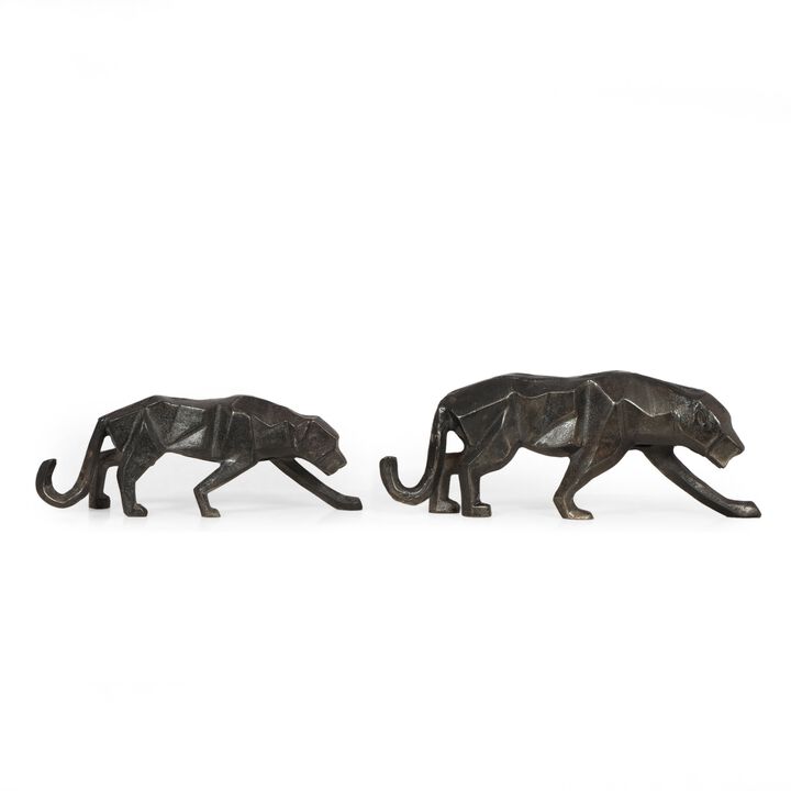 Tabletop Leopard Figurine Set of 2, Textured Finish, Black Aluminium - Benzara