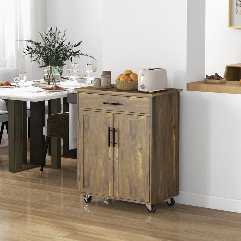 Wooden Indoor Moving Microwave Cart with Interior Cabinet & Towel Rack
