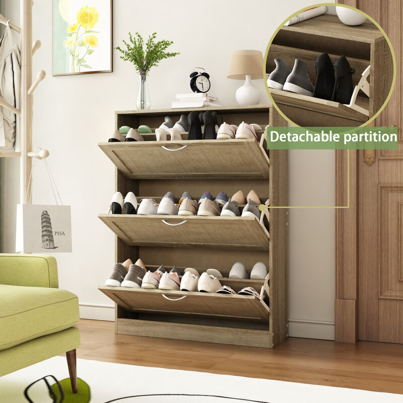 42.5 in. H x 31.5 in. W Burly Wood Color Wooden Shoe Storage Cabinet with 3 Large Drawers and 6 Shelves in Total