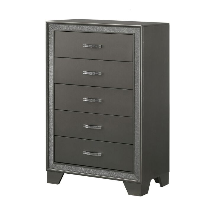 Zuka 47 Inch Tall 5 Drawer Dresser Chest, Faux Diamond Trim, Modern Gray-Benzara