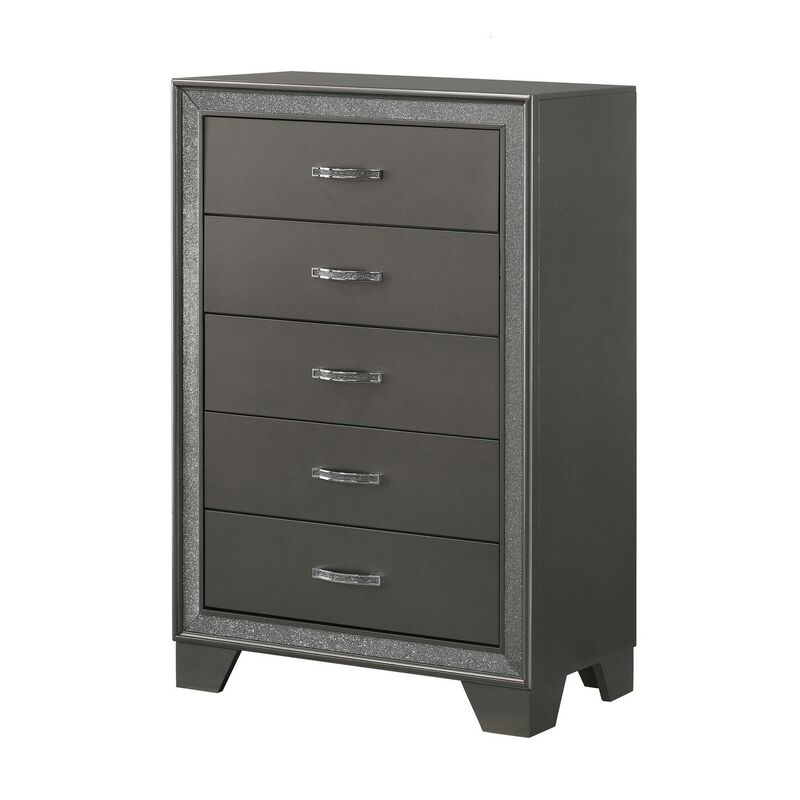 Zuka 47 Inch Tall 5 Drawer Dresser Chest, Faux Diamond Trim, Modern Gray-Benzara