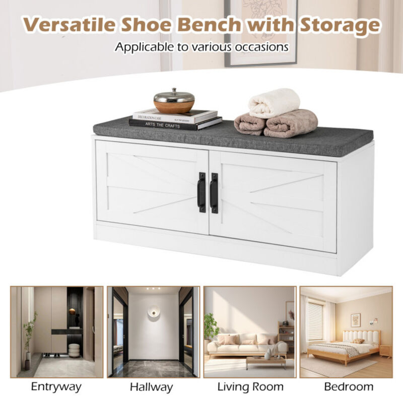 Shoe Bench with Cushion Farmhouse Shoe Rack Organizer with 2 Barn Doors