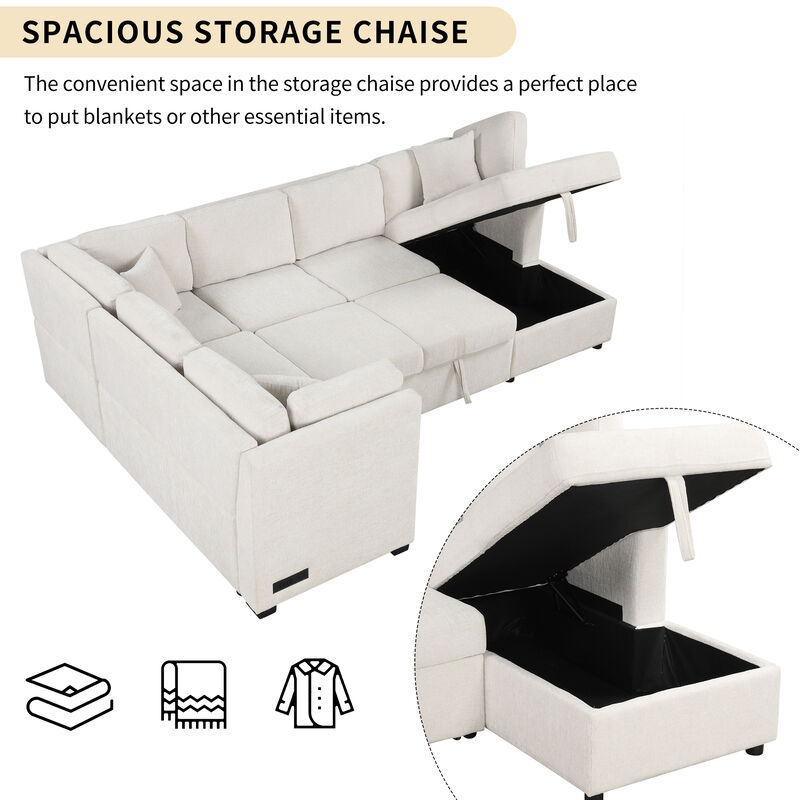 Merax U-shaped Sectional Sofa Pull Out Sofa Bed with 2 USB Ports