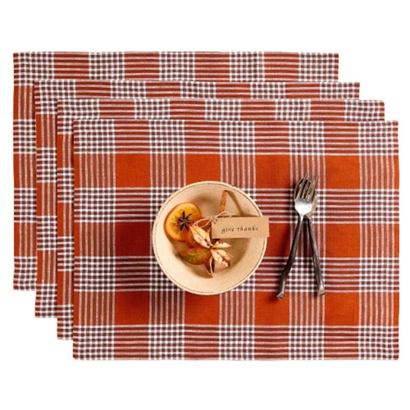 Solino Home 100% Pure Linen 14 x 19 Inch Placemats Set of 4 | Glen Check