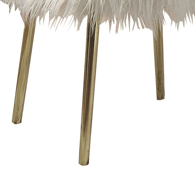 Faux Fur Upholstered Contemporary Metal Ottoman, White and Gold-Benzara