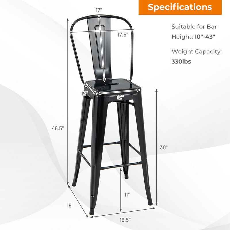 30" Height Set of 4 High Back Metal Industrial Bar Stools-Black