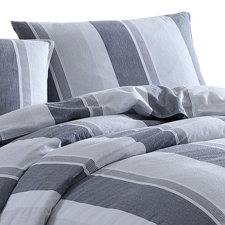 Kia 2 Piece Twin Comforter Set, Yarn Dyed Cotton, Gray Vertical Stripes - Benzara