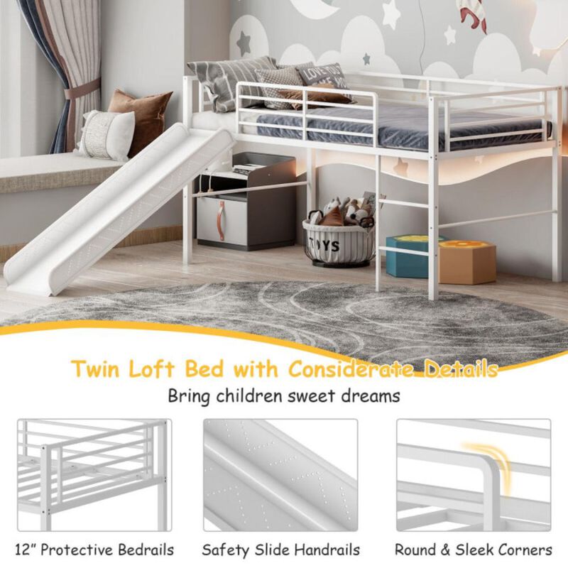 Hivvago Twin Metal Loft Bed with Slide Safety Guardrails and Built-in Ladder