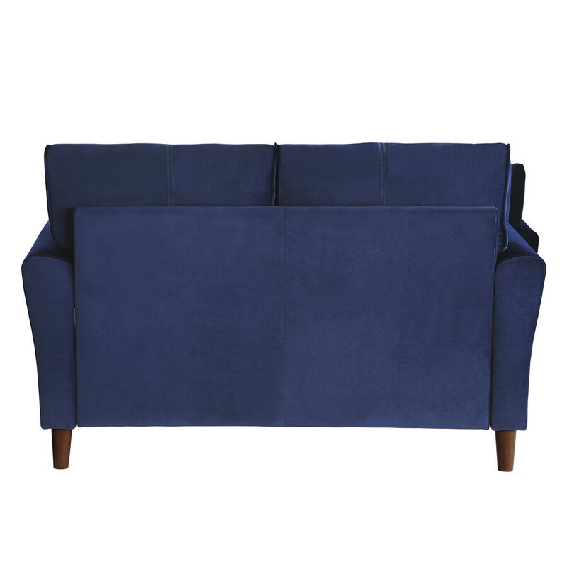Sarah 57 Inch Loveseat, Blue Velvet, Stitch Tufting, Reversible Cushions - Benzara