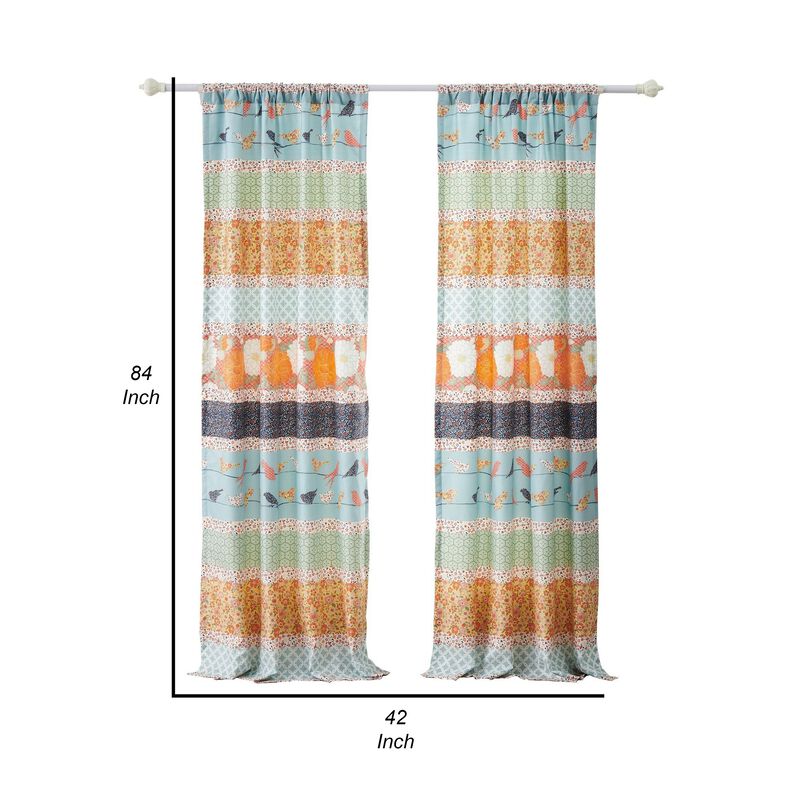 Nite Set of 2 Microfiber Window Curtains, Floral and Striped, Multicolor - Benzara
