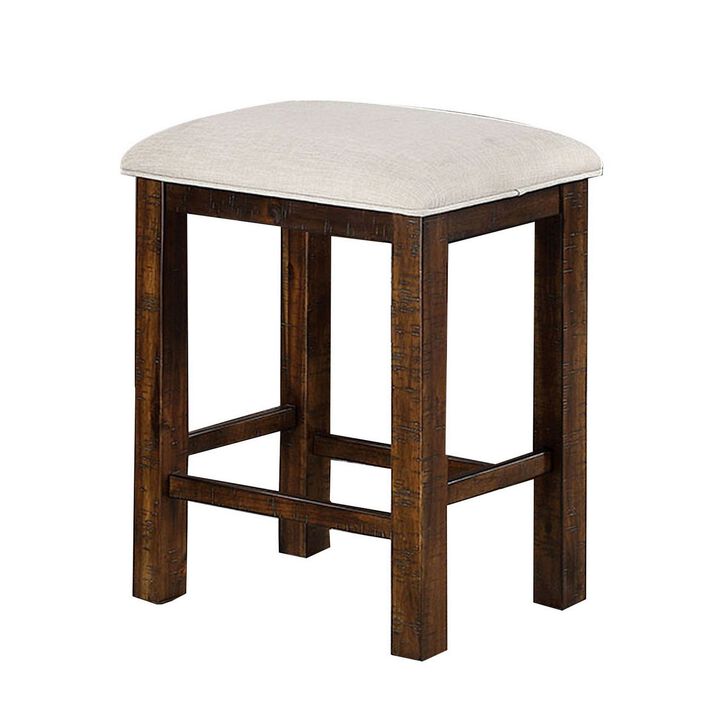 Shaw 25 Inch, Counter Height Chair, Slatted Back, Beige Seat, Brown Wood-Benzara