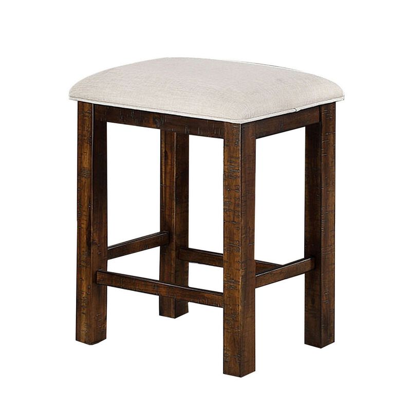 Shaw 25 Inch, Counter Height Chair, Slatted Back, Beige Seat, Brown Wood-Benzara