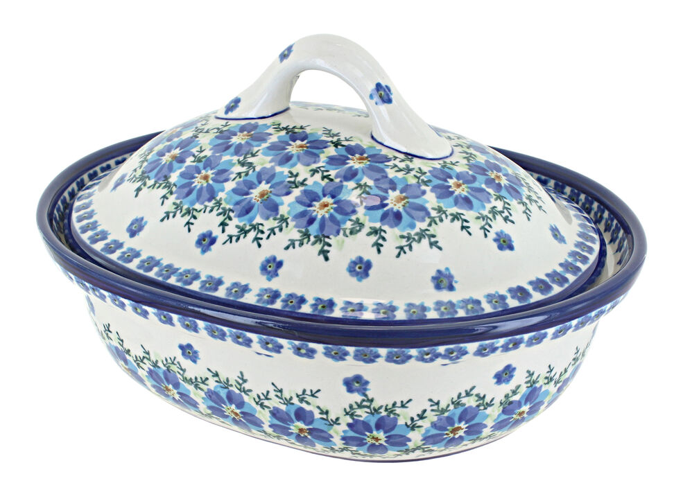 Blue Rose Polish Pottery Peacock Small Oval Baker with Lid