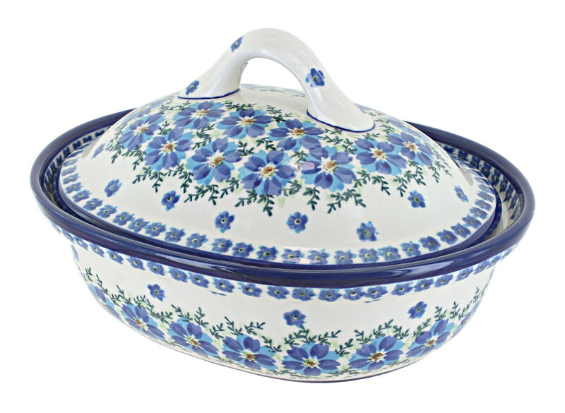 Blue Rose Polish Pottery Peacock Small Oval Baker with Lid
