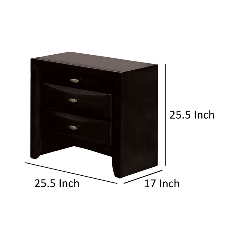 Simo Nightstand, Spacious Top, Metal Knobs, 3 Drawers, Black Solid Wood