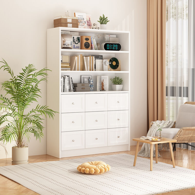 2-in-1 Tall Bookcase Bookshelf with 3-Tier Shelves & 9 Drawers, Modern Wooden Storage Display Cabinet for Home Office Living Room, White, 47.2" W x 15.4" D x 70.8" H