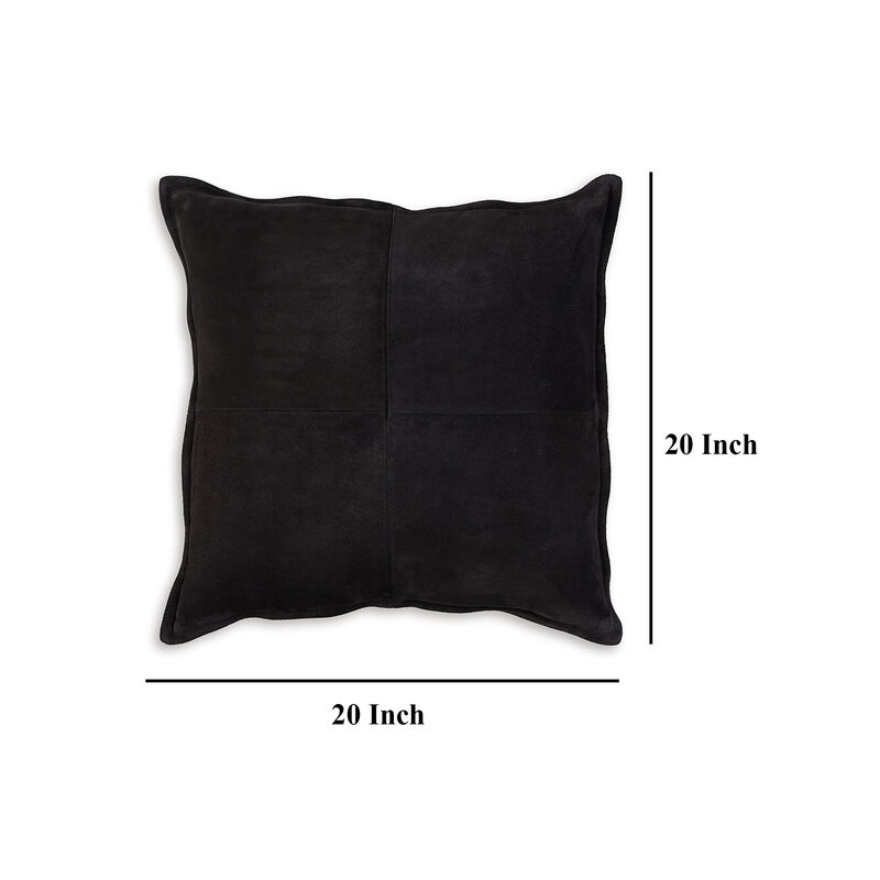 Vale Square Accent Throw Pillow, 20 Inch, Patchwork Design Black Suede - Benzara