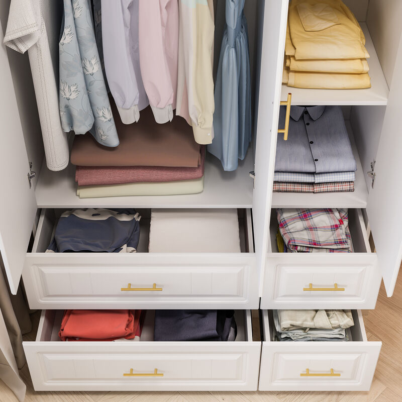 White 6-Door Big Wardrobe Armoires with Hanging Rod, 4-Drawers, Storage Shelves 93.7 in. H x 47.2 in. W x 20.6 in. D