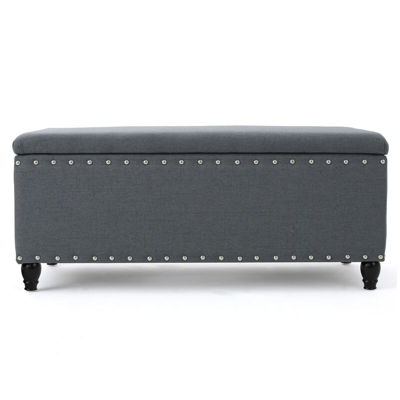 Sharon Storage Ottoman Bench, Dark Gray Fabric, Nailhead Trim, 42 Inch -Benzara