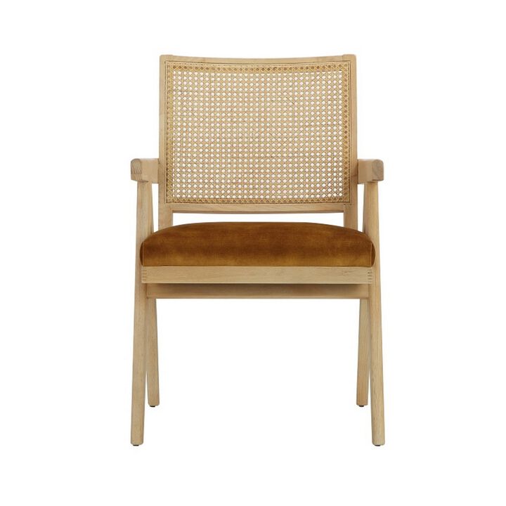 Isha 24 Inch Armchair with Cane Back, Gold Brown Velvet, Brown Wood Frame - Benzara