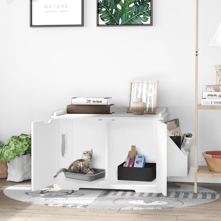 White Cat Bathroom: Wooden Litter Box Enclosure with Storage and Table