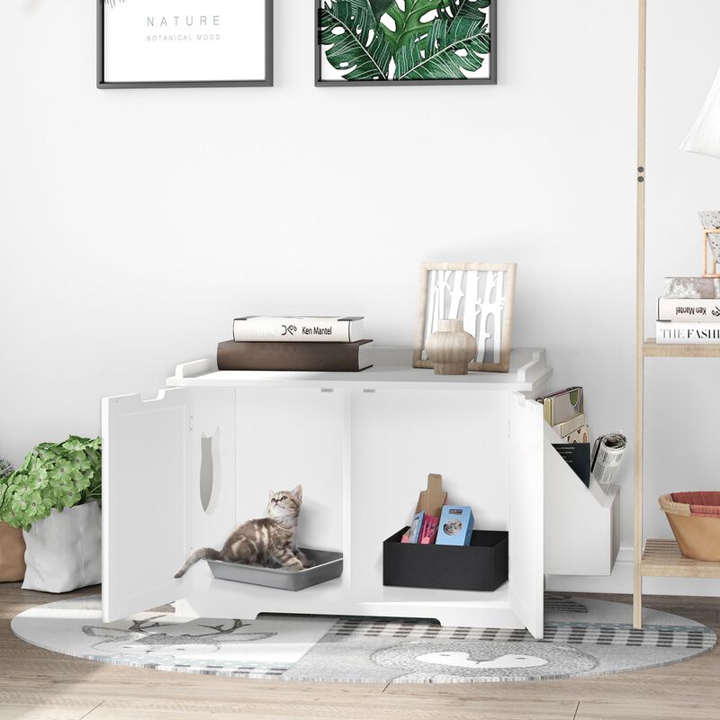 White Cat Bathroom: Wooden Litter Box Enclosure with Storage and Table
