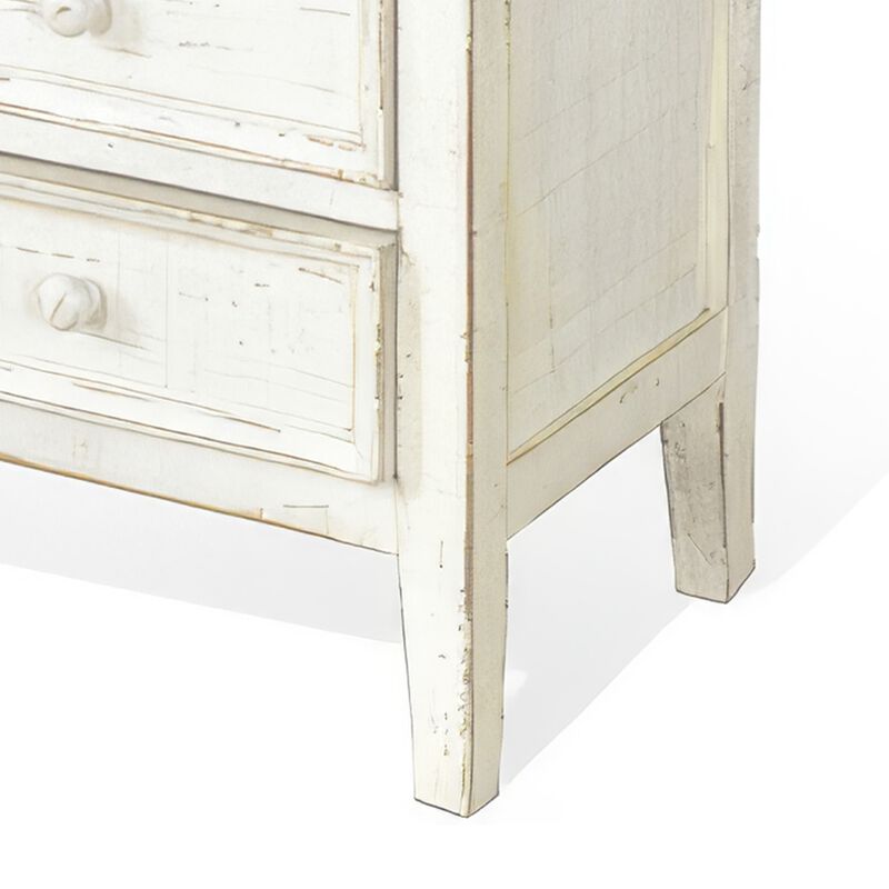 Rena Side End Table with 3 Drawers, 19 Inch Rustic White Mahogany Wood - Benzara
