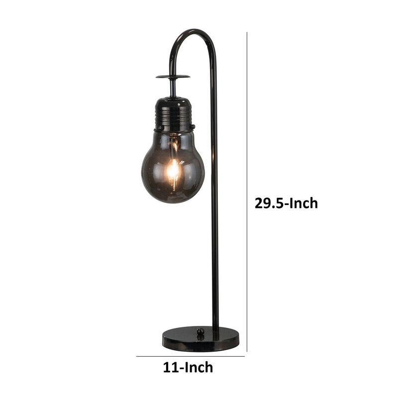 30 Inch Arc Table Lamp, Glass Bulb Shaped Shade, Metal, Black Nickel - Benzara