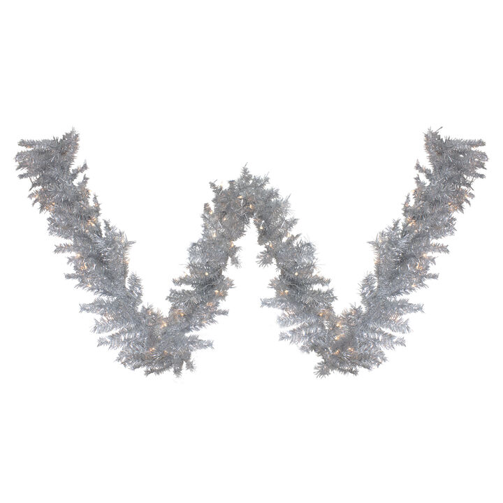 9' x 12" Pre-Lit Silver Tinsel Artificial Christmas Garland  Clear Lights