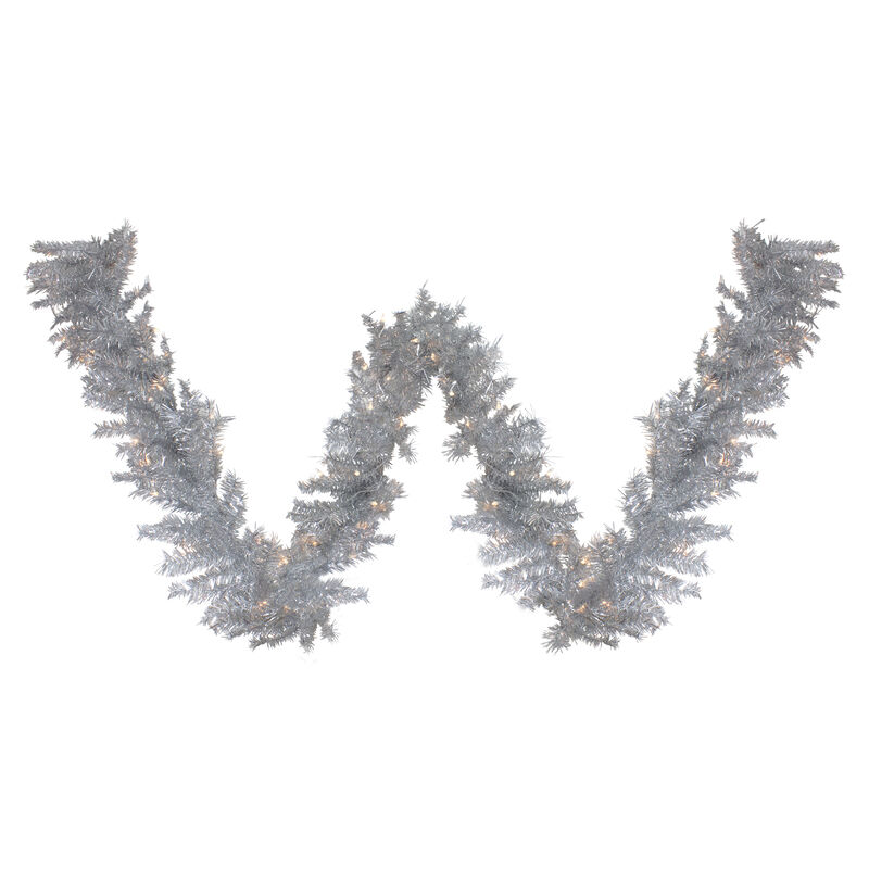 9' x 12" Pre-Lit Silver Tinsel Artificial Christmas Garland  Clear Lights