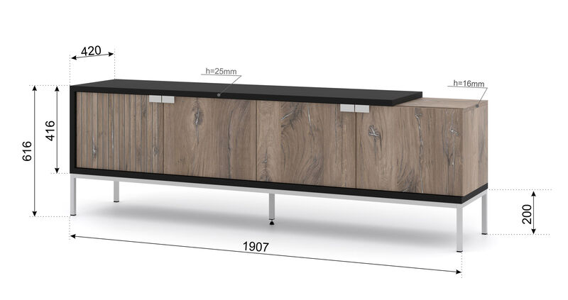 TV Stand TOLEDO 75.08 in 4D Black matt - Flagstaff Oak - Silver Frame